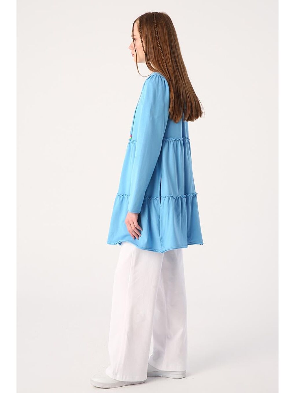 Mavi Fırfırlı Neon Detaylı Kapüşonlu Örme Hırka-2