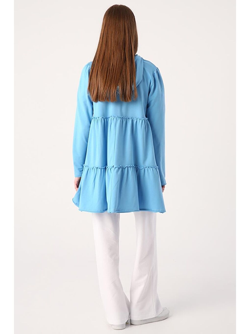 Mavi Fırfırlı Neon Detaylı Kapüşonlu Örme Hırka-3