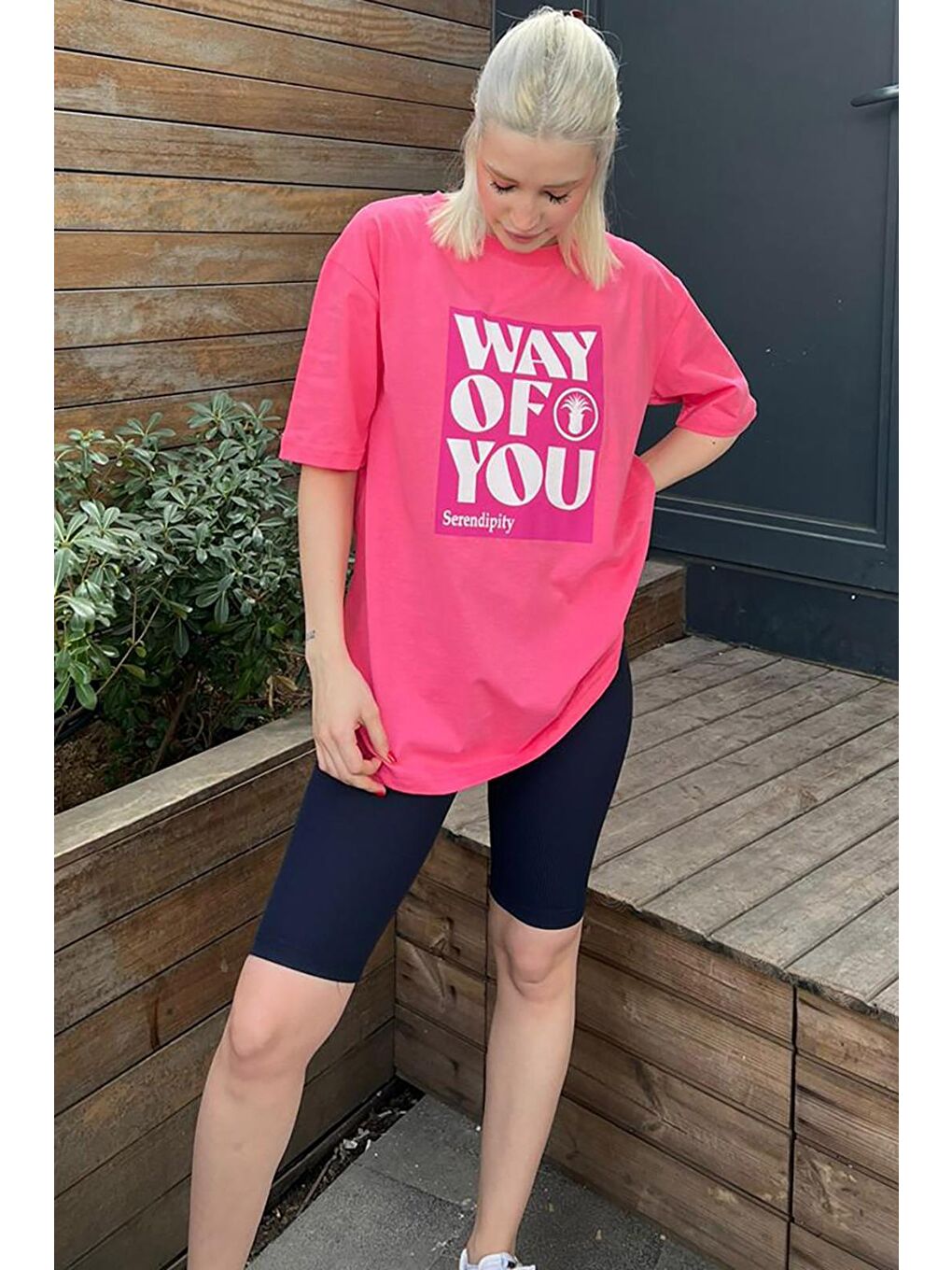 Pembe Baskılı Bisiklet Yaka Overfit Tişört-2