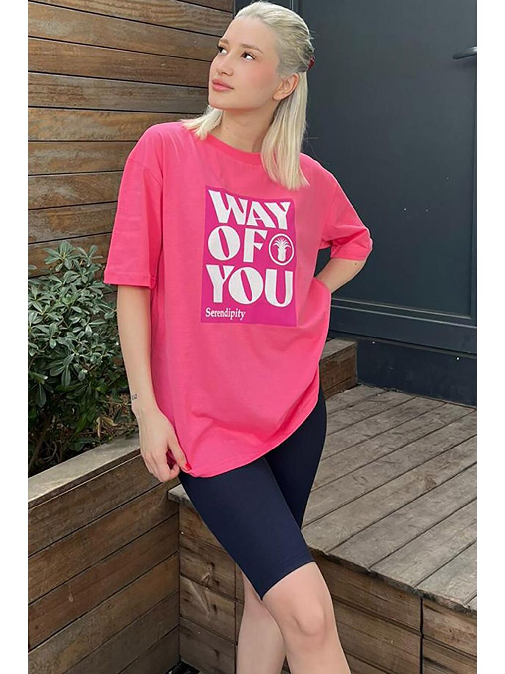 Pembe Baskılı Bisiklet Yaka Overfit Tişört-3