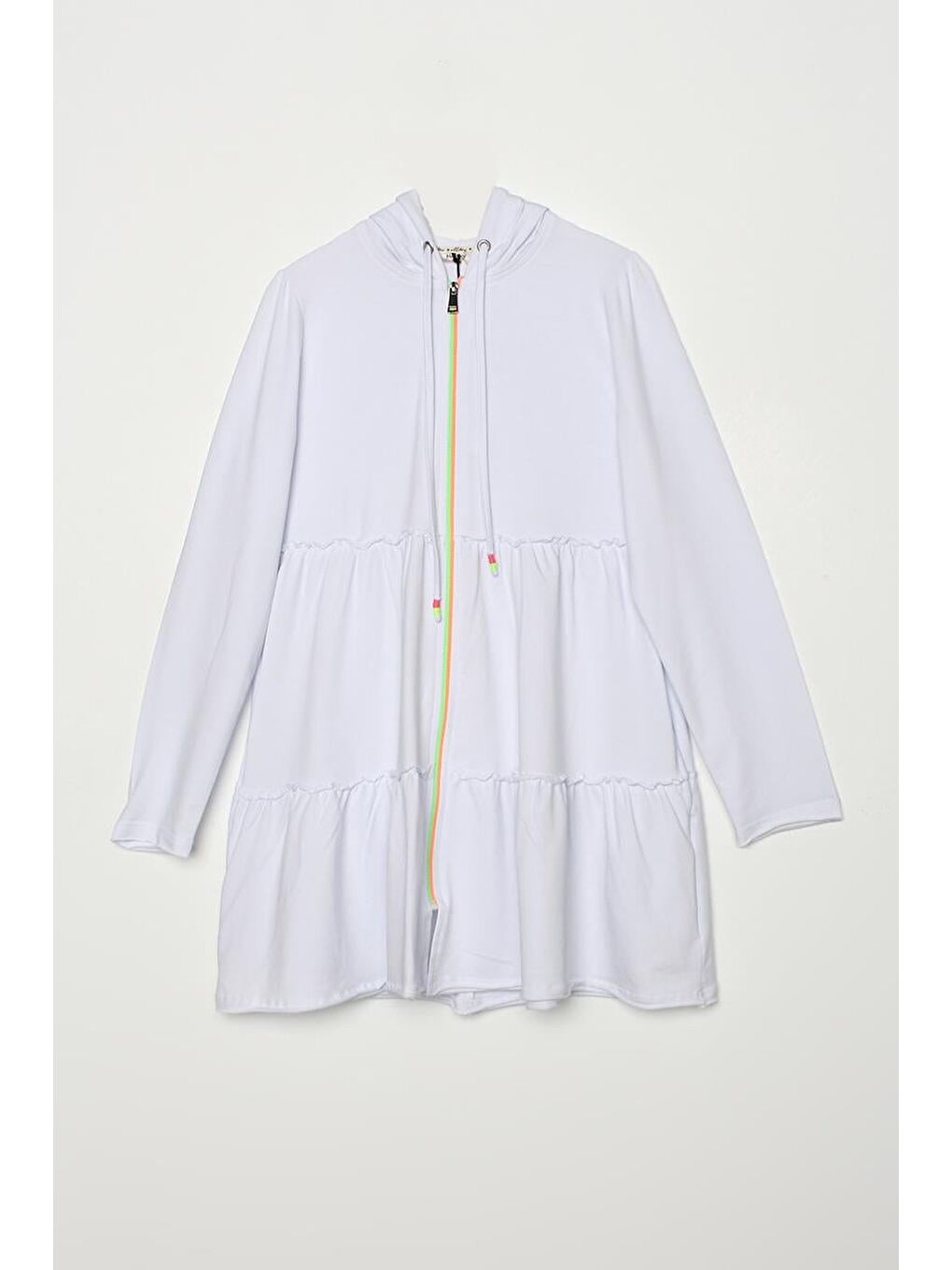 Beyaz Fırfırlı Neon Detaylı Kapüşonlu Örme Hırka-4