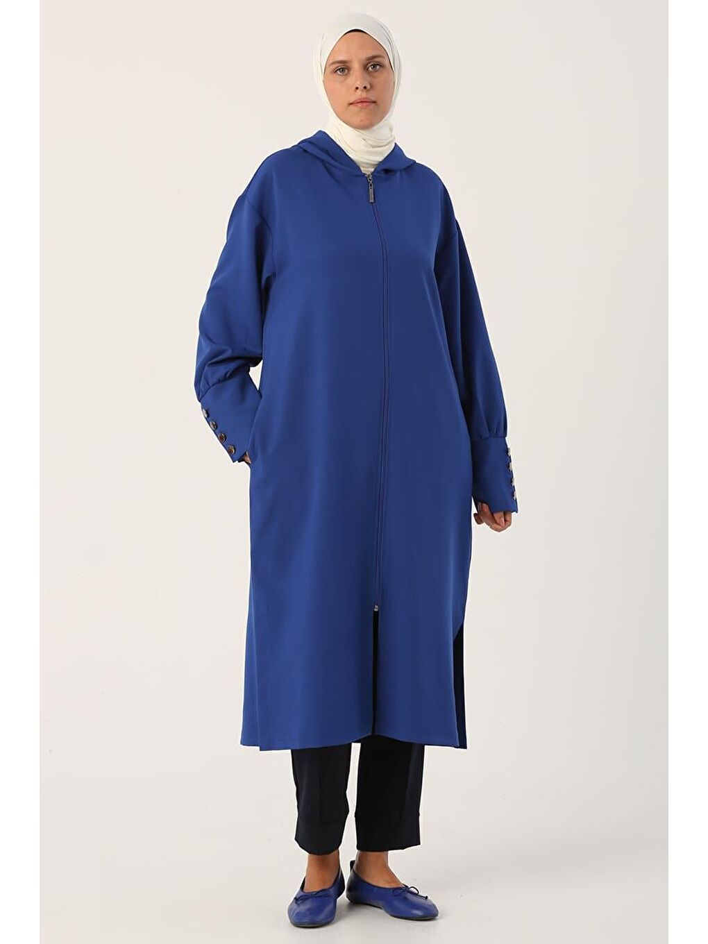 Mavi Saks Kapüşonlu Fermuarlı Rahat Kalıp Hırka