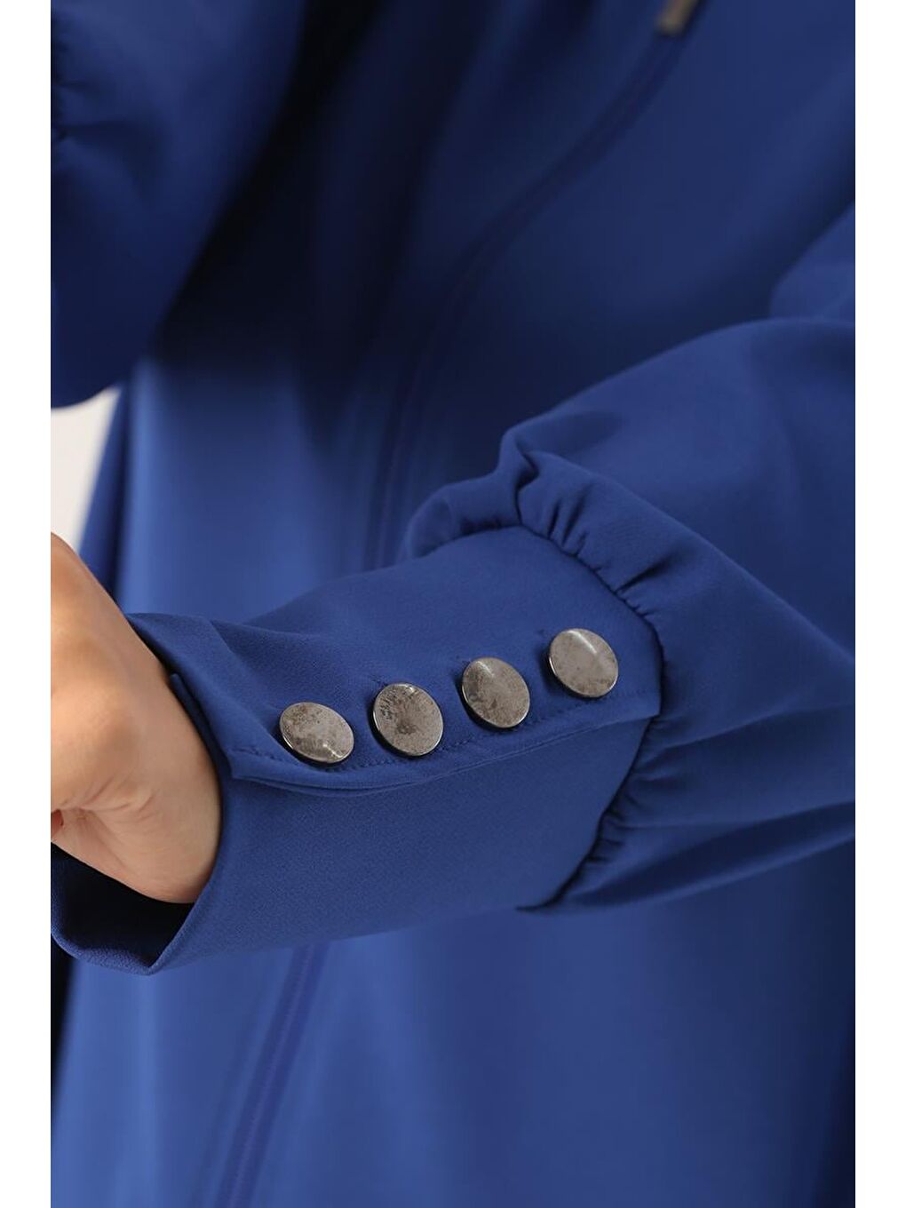 Mavi Saks Kapüşonlu Fermuarlı Rahat Kalıp Hırka-3