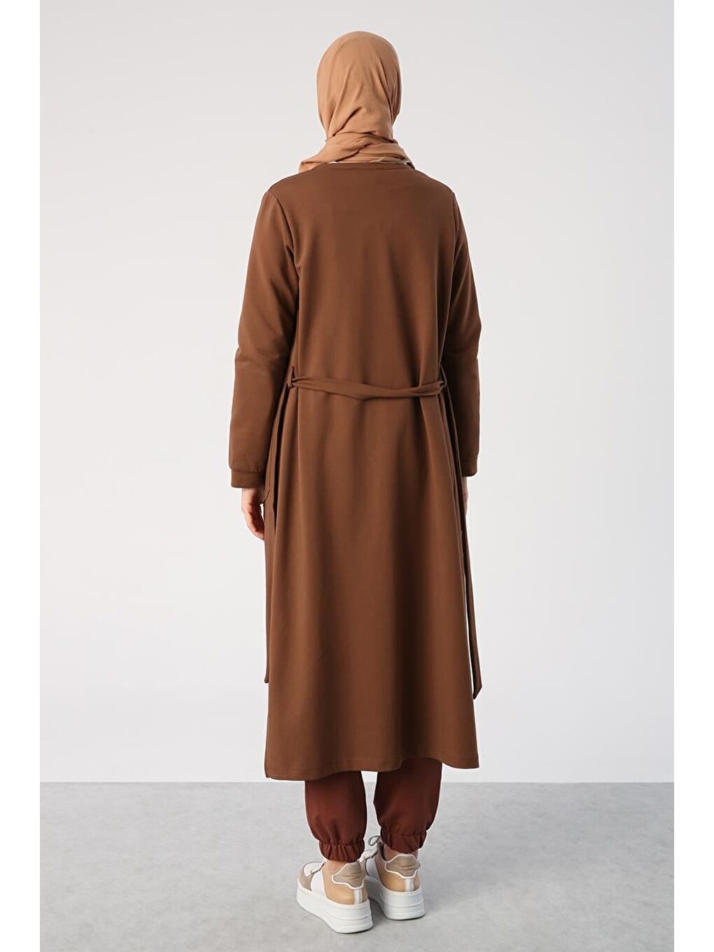 Kahverengi Açık Kahve Kuşaklı Cepli Bisiklet Yaka Uzun Hırka-3