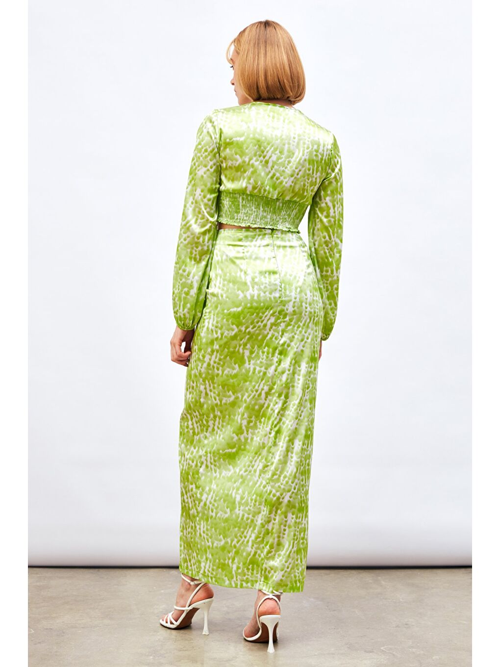 Yırtmaç Detaylı Desenli Uzun Etek - Yağ Yeşili-7