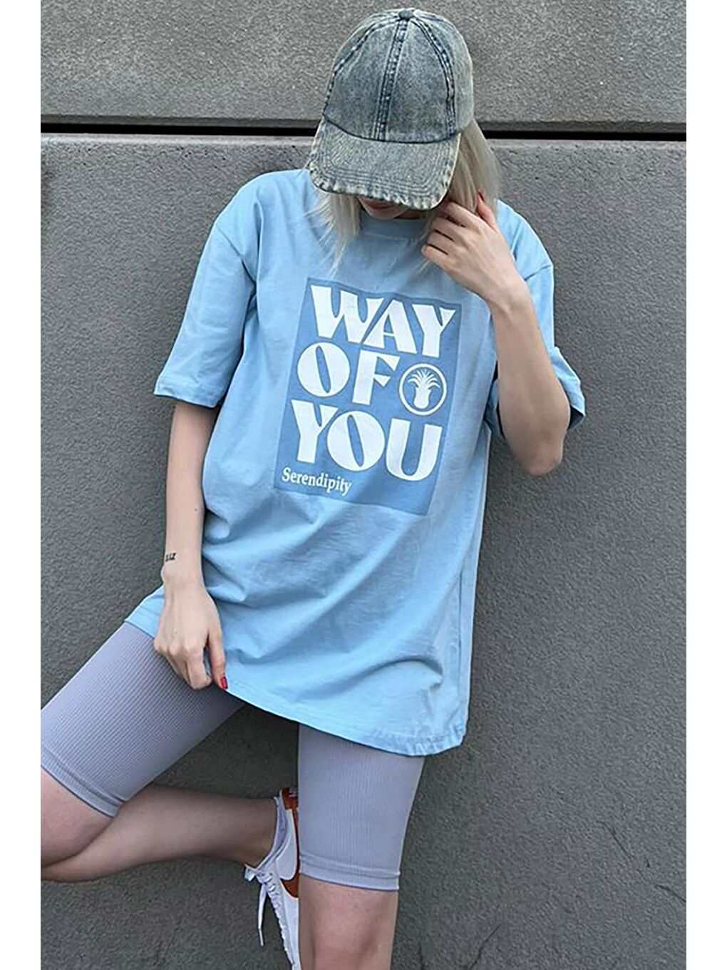 Mavi Baskılı Bisiklet Yaka Overfit Tişört