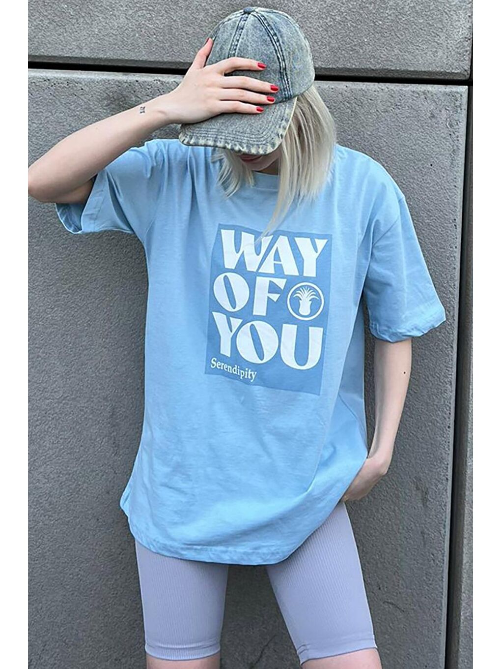 Mavi Baskılı Bisiklet Yaka Overfit Tişört-1