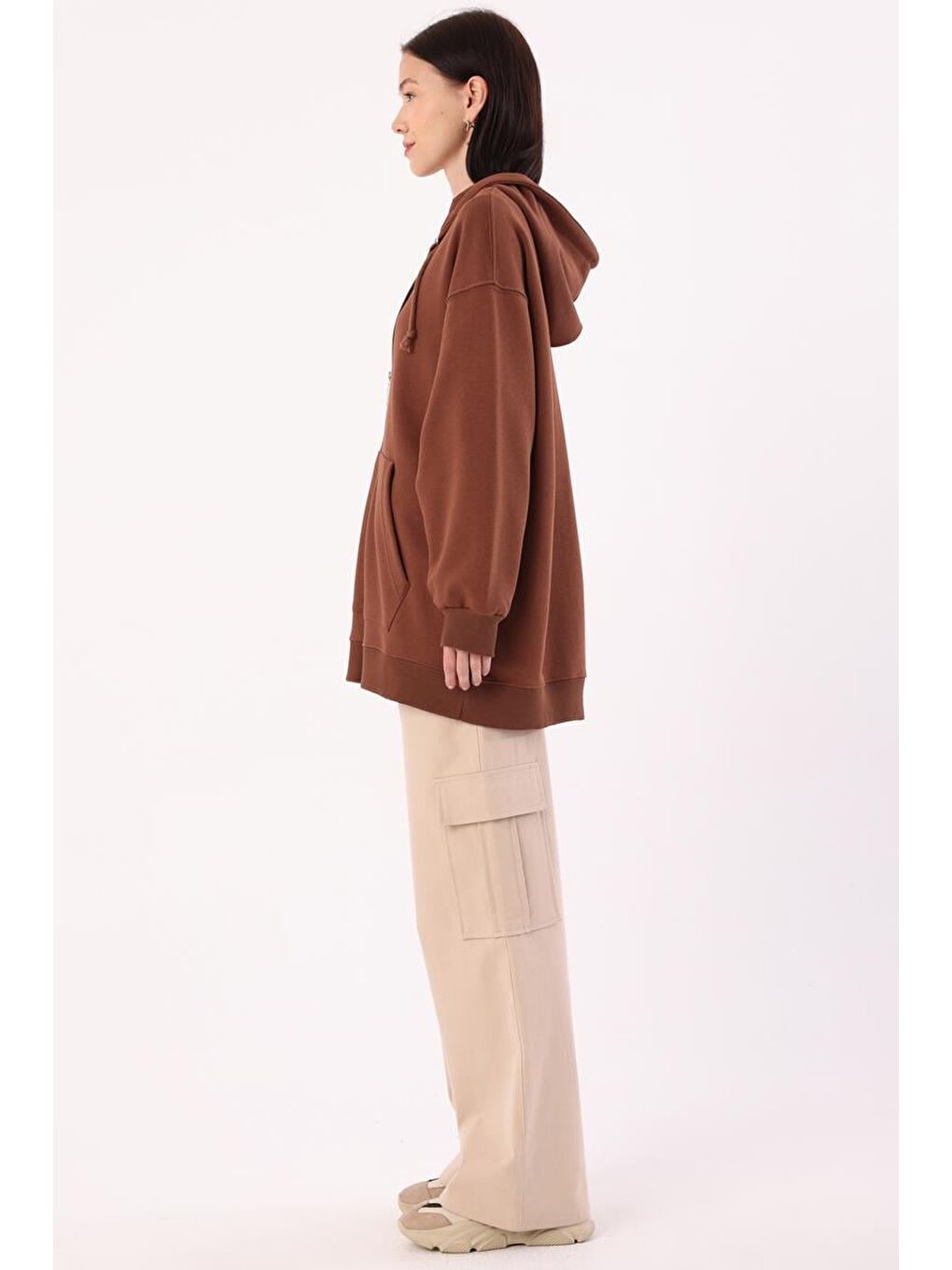 Kahverengi Açık Kahve Kanguru Cepli Oversize Sweat Hırka-2