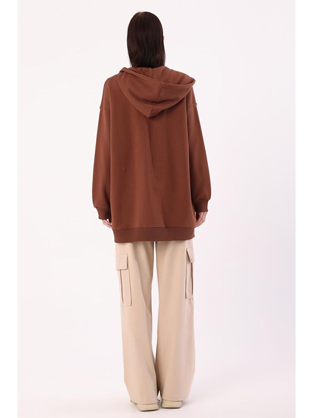 Kahverengi Açık Kahve Kanguru Cepli Oversize Sweat Hırka-3