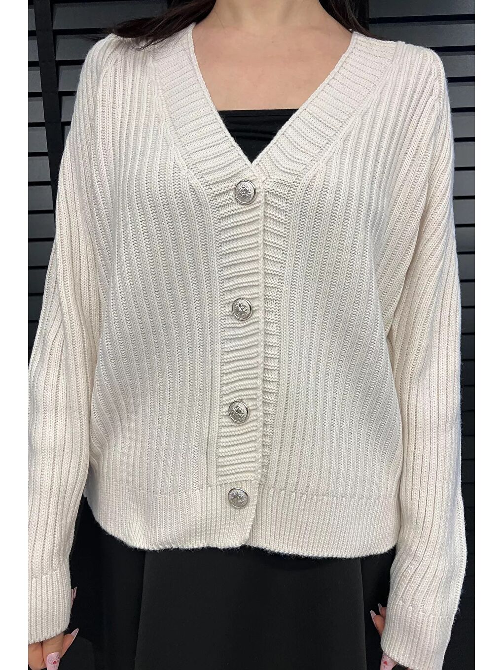 Ekru Kadın Örme Triko Hırka-2