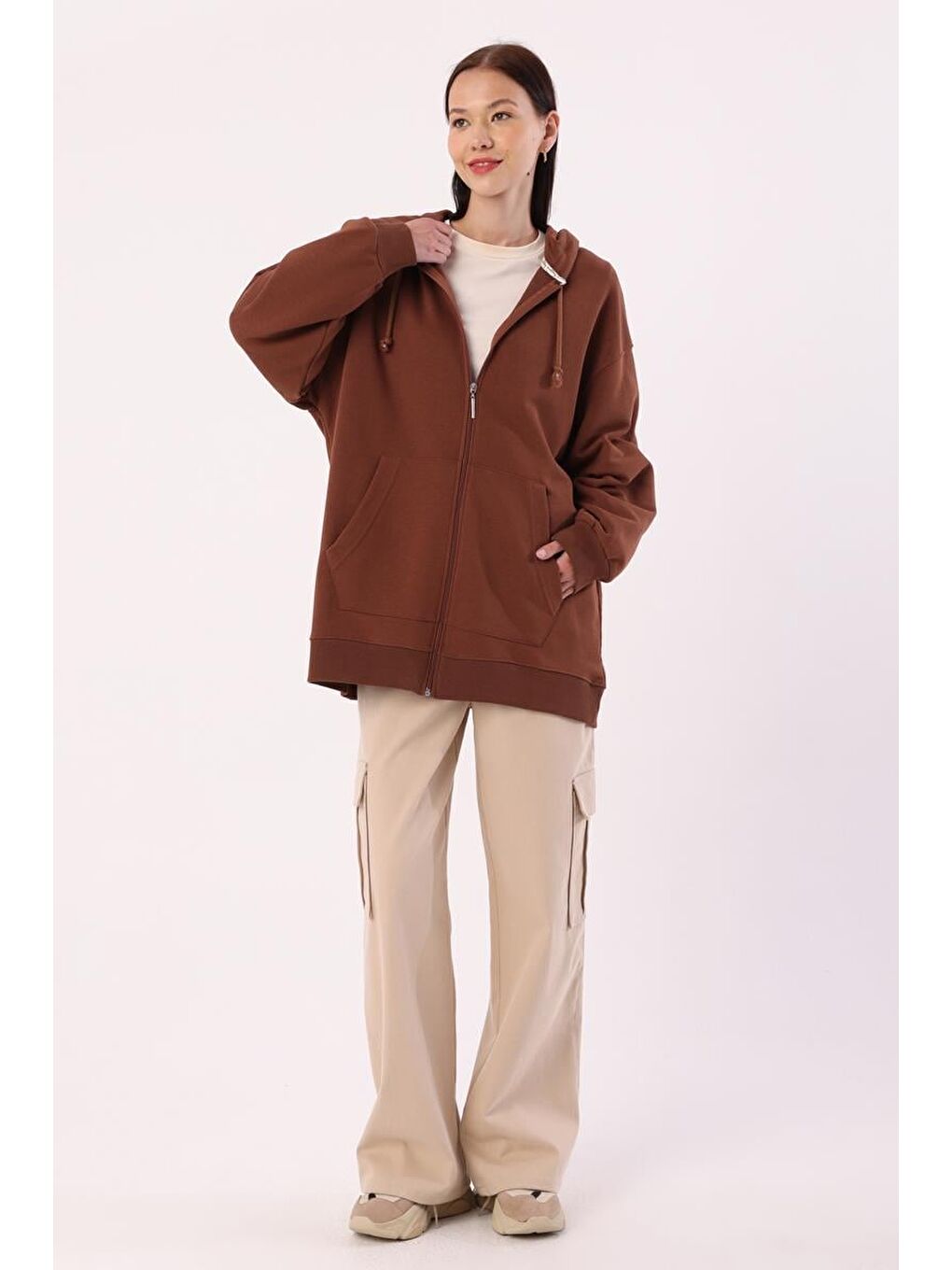 Kahverengi Açık Kahve Kanguru Cepli Oversize Sweat Hırka-4