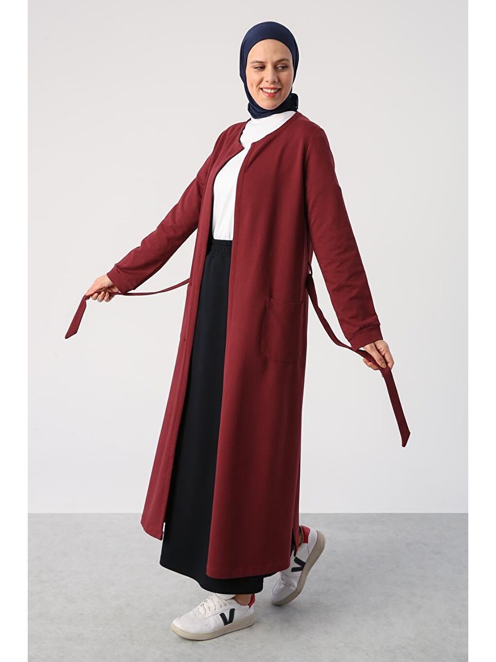 Bordo Kuşaklı Cepli Bisiklet Yaka Uzun Hırka-2