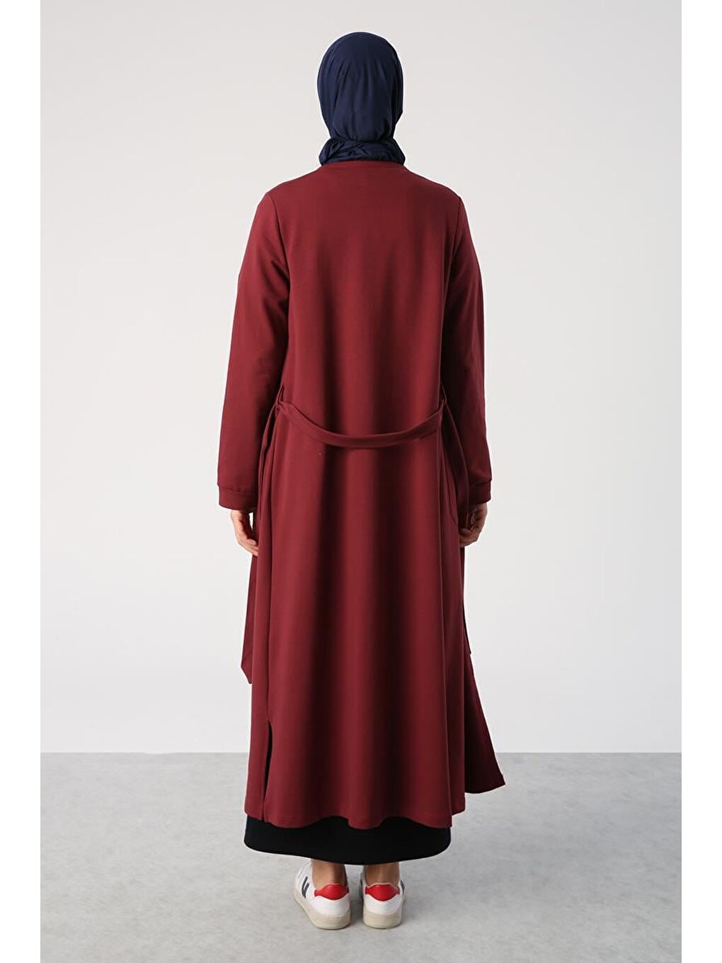 Bordo Kuşaklı Cepli Bisiklet Yaka Uzun Hırka-3