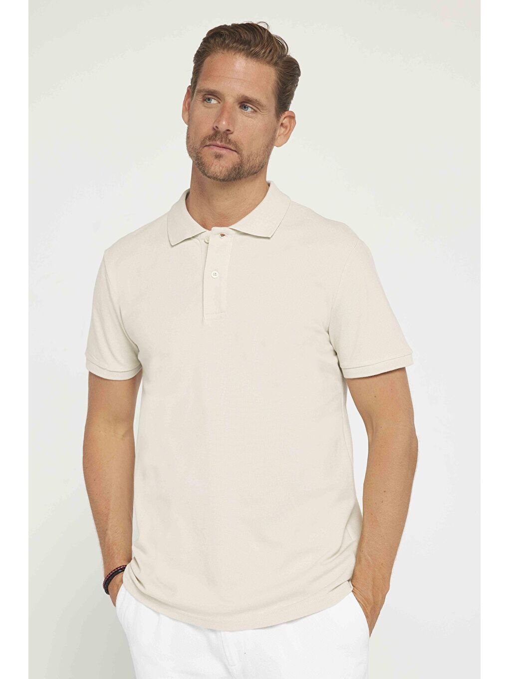 Erkek Slim Fit Dar Kesim %100 Pamuk Düz Pike Bej Polo Yaka Tişört
