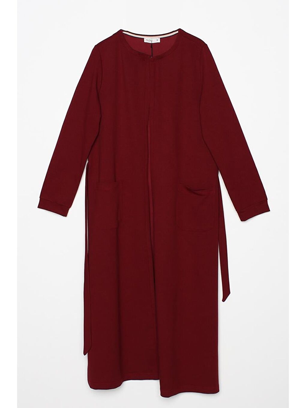 Bordo Kuşaklı Cepli Bisiklet Yaka Uzun Hırka-5