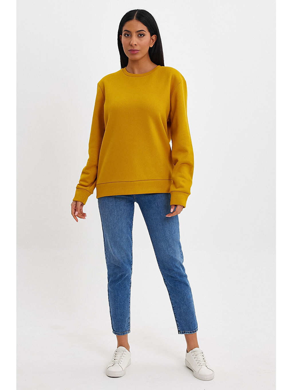 Sarı Kadın Bisiklet Yaka Rahat Kalıp 3 iplik İçi Polarlı Kalın Sweatshirt SPR24SWK36