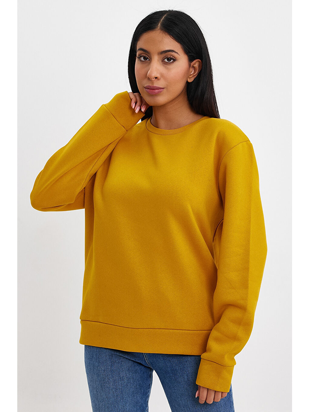 Sarı Kadın Bisiklet Yaka Rahat Kalıp 3 iplik İçi Polarlı Kalın Sweatshirt SPR24SWK36-1