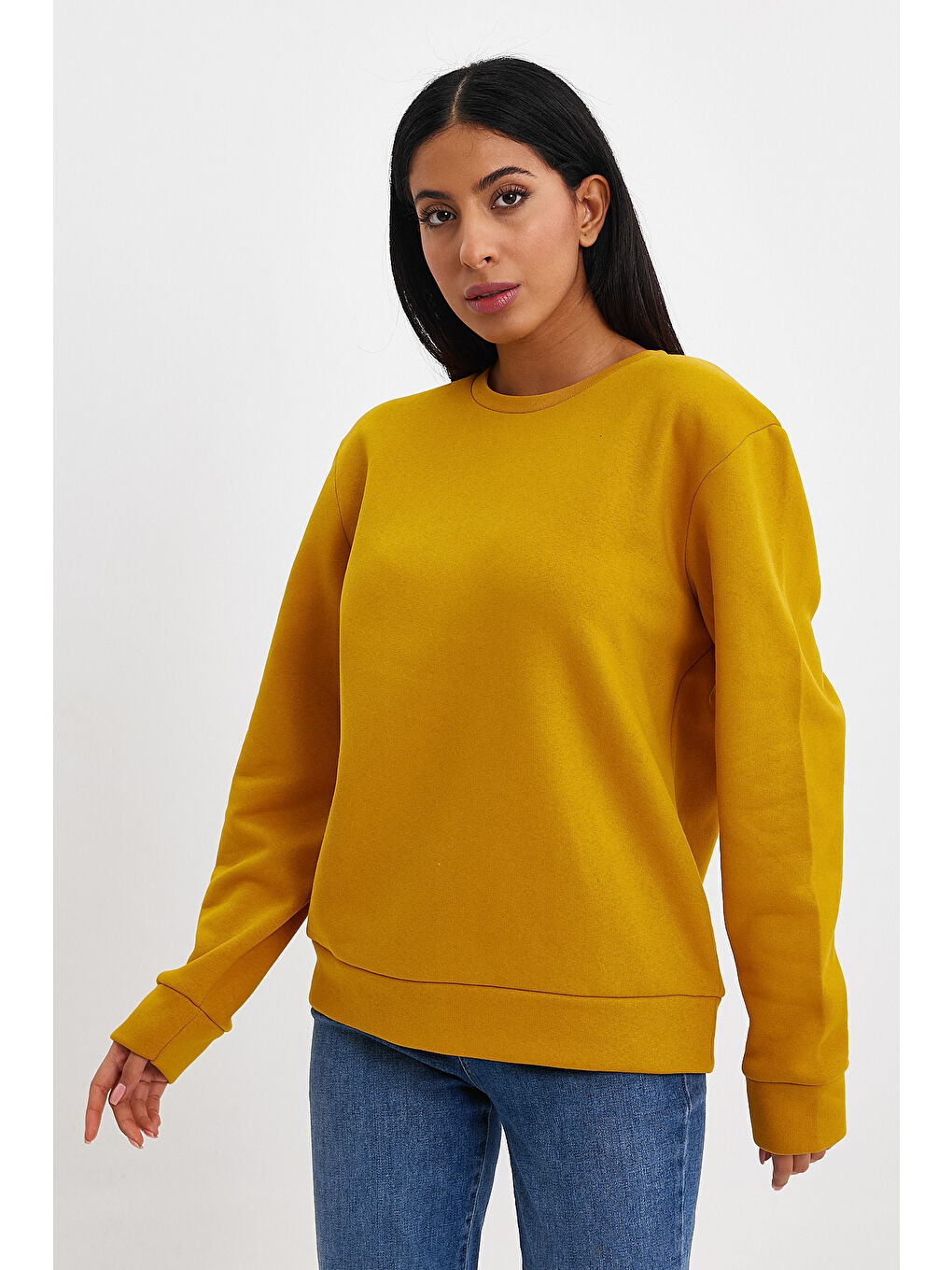 Sarı Kadın Bisiklet Yaka Rahat Kalıp 3 iplik İçi Polarlı Kalın Sweatshirt SPR24SWK36-2