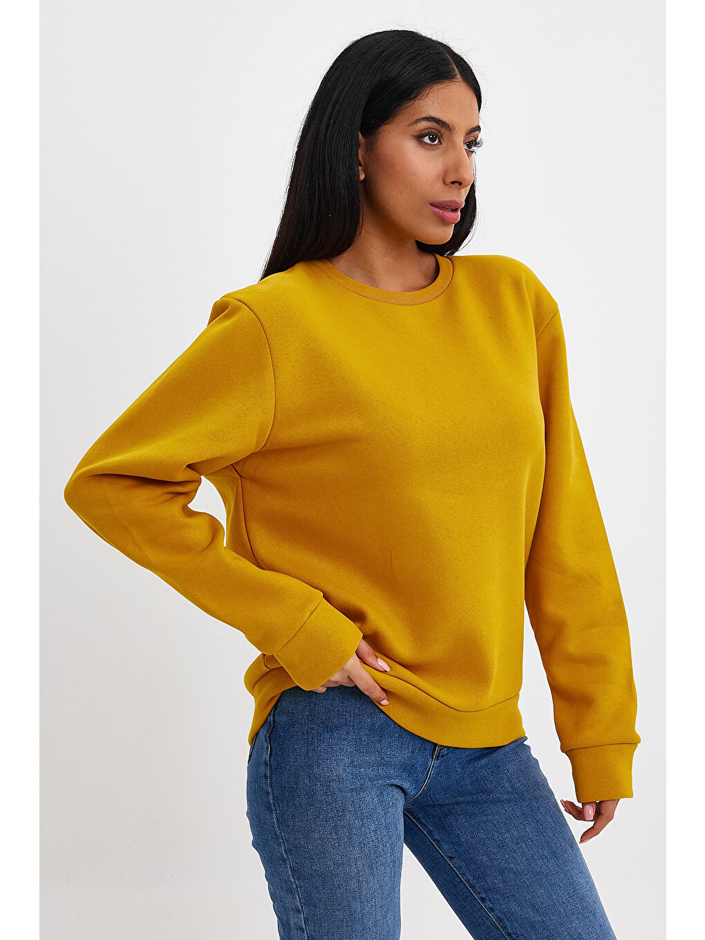 Sarı Kadın Bisiklet Yaka Rahat Kalıp 3 iplik İçi Polarlı Kalın Sweatshirt SPR24SWK36-3