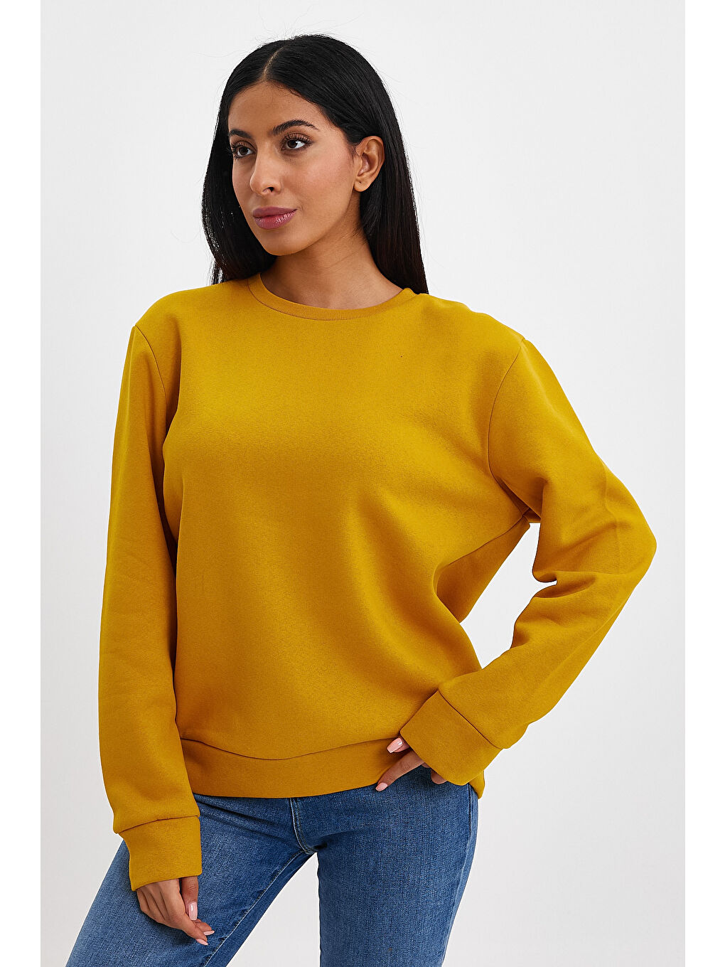 Sarı Kadın Bisiklet Yaka Rahat Kalıp 3 iplik İçi Polarlı Kalın Sweatshirt SPR24SWK36-4