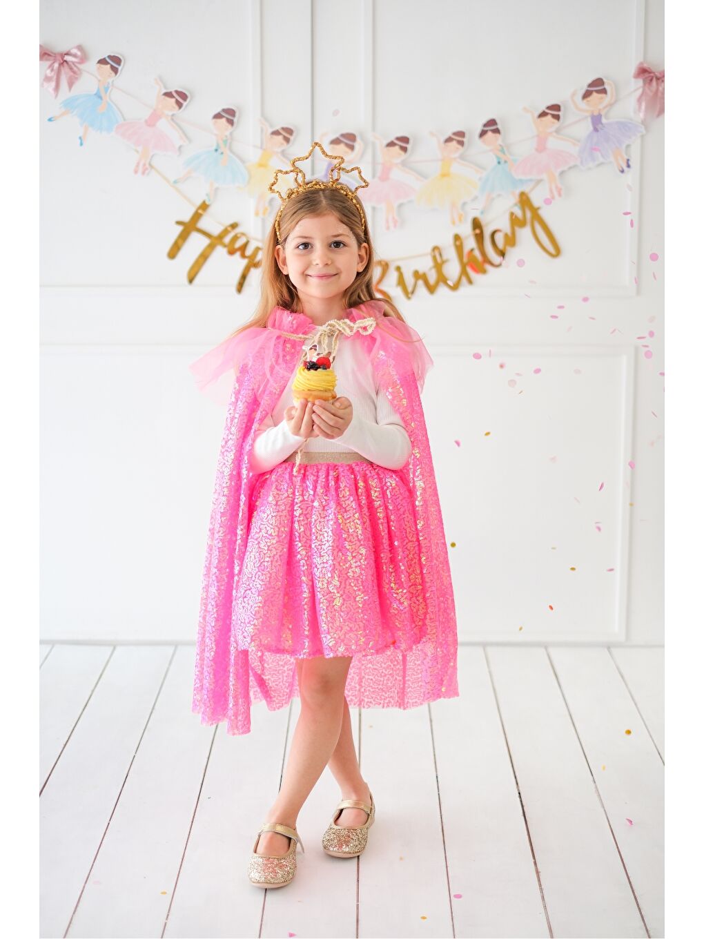 Fuşya Payetli Kız Çocuk Parti Pelerini