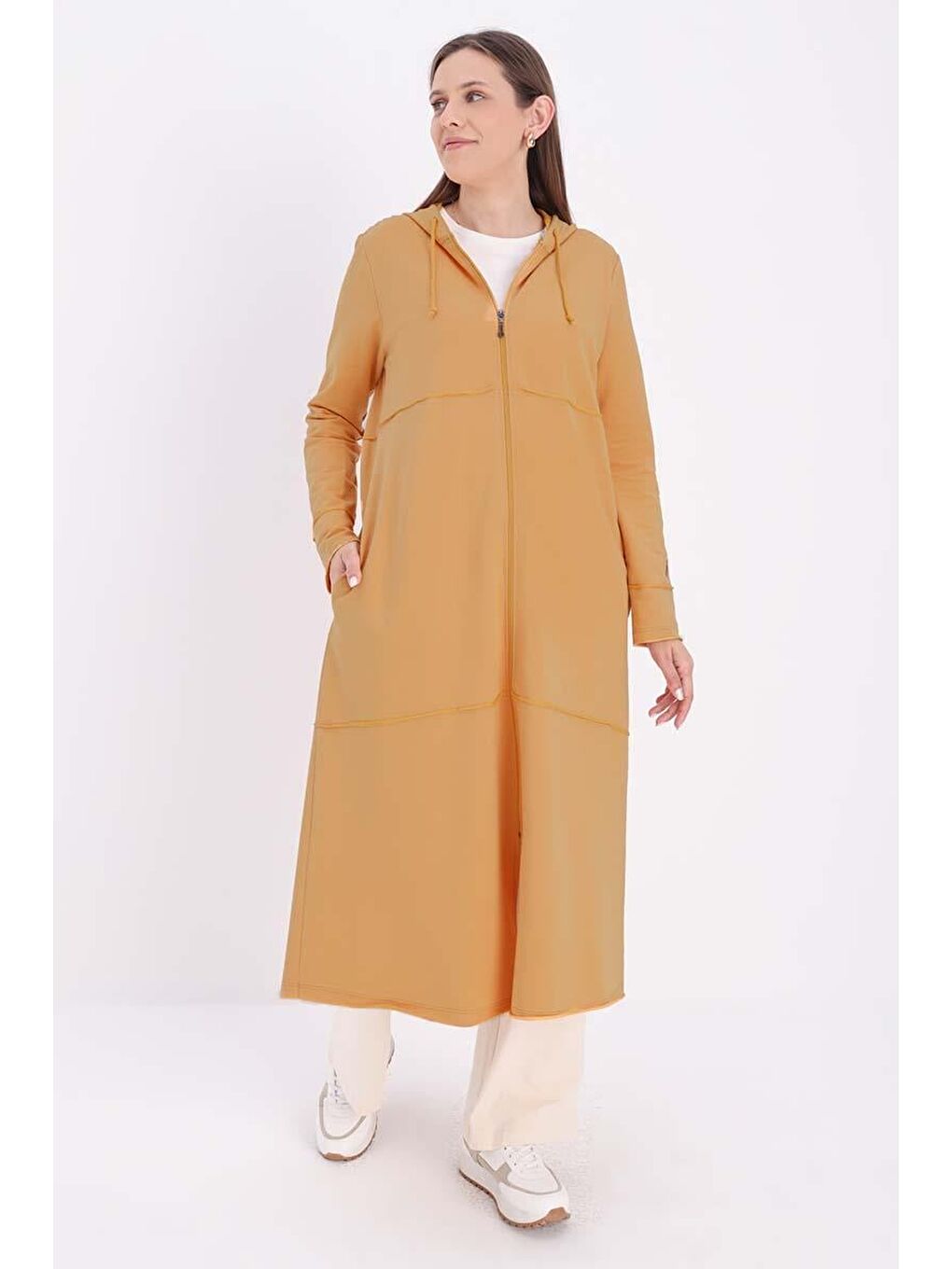 Açık Sarı Kapüşonlu Fermuarlı