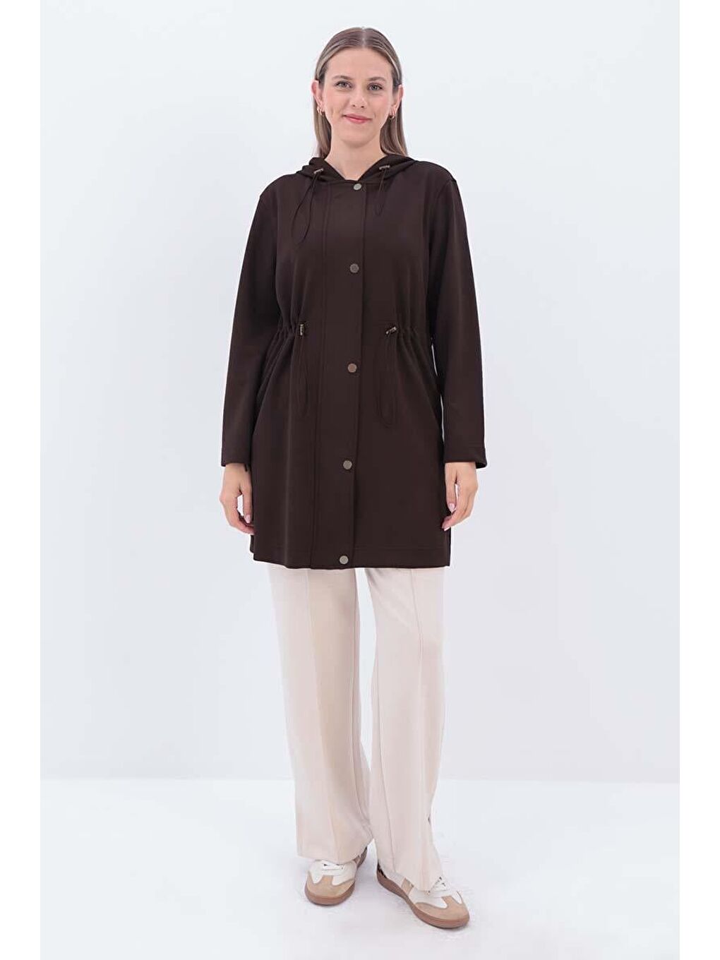 Kahverengi Kahve Kapüşonlu Belden Kanallı Hırka-1