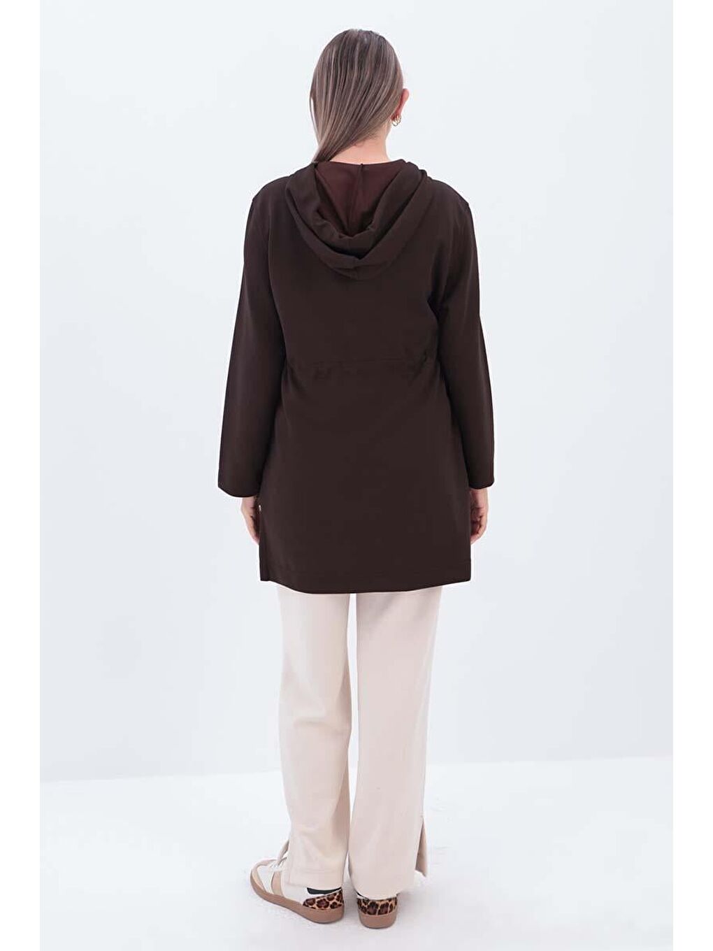 Kahverengi Kahve Kapüşonlu Belden Kanallı Hırka-3