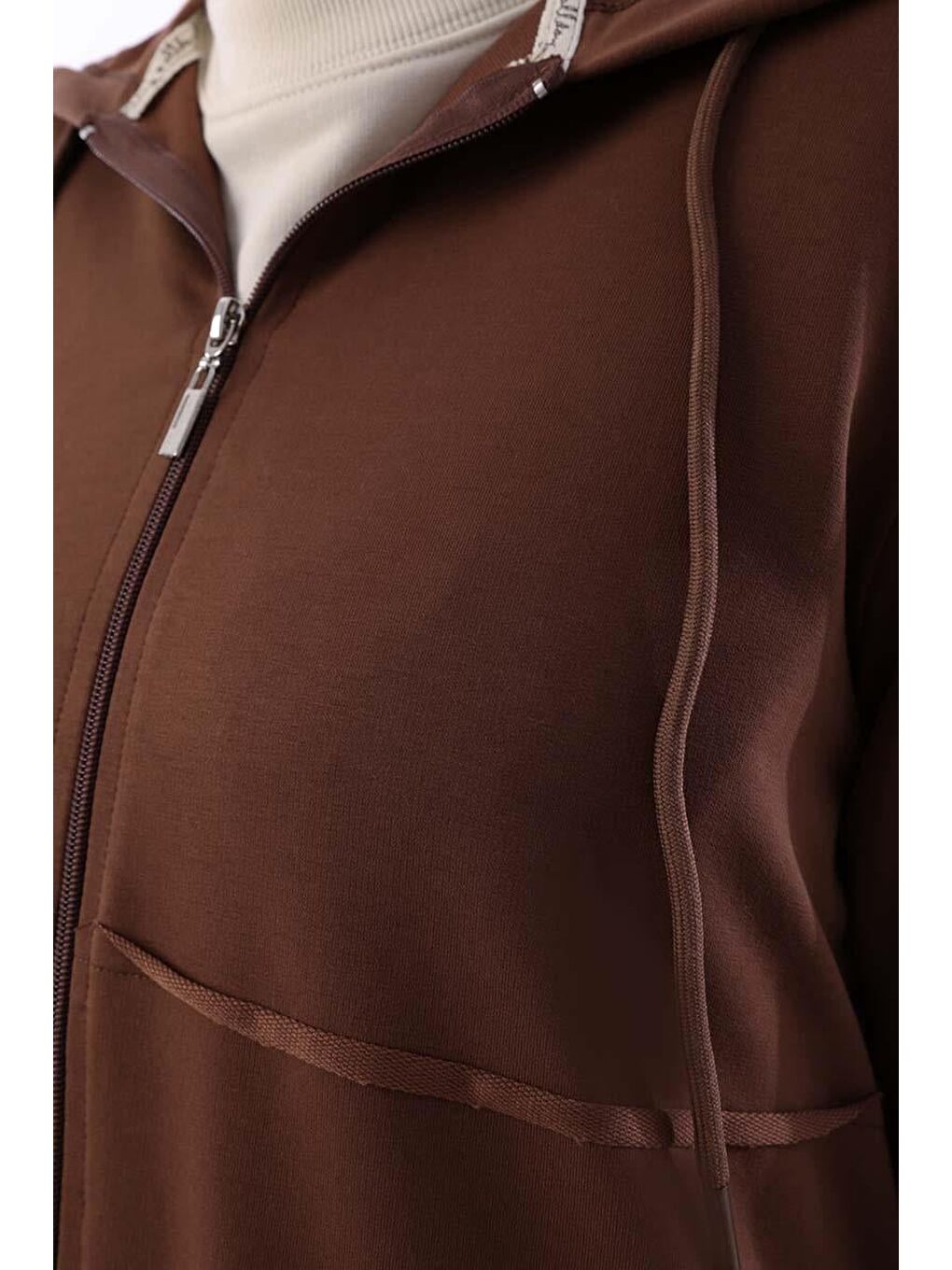 Kahverengi Kahve Kapüşonlu Fermuarlı Hırka-4