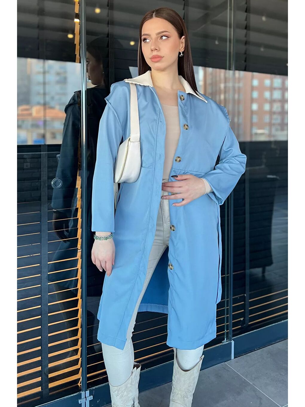 Mavi Kadın Gömlek Yaka Düğmeli Kuşaklı Trençkot