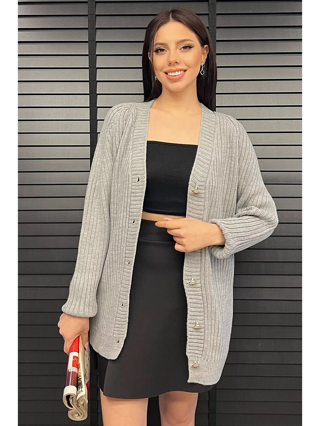 Gri Örme Kadın Triko Hırka