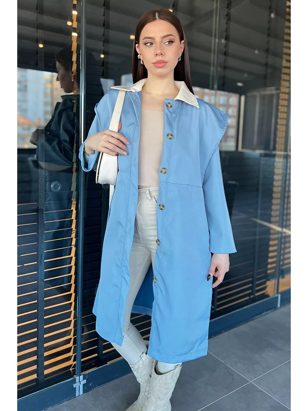 Mavi Kadın Gömlek Yaka Düğmeli Kuşaklı Trençkot-1