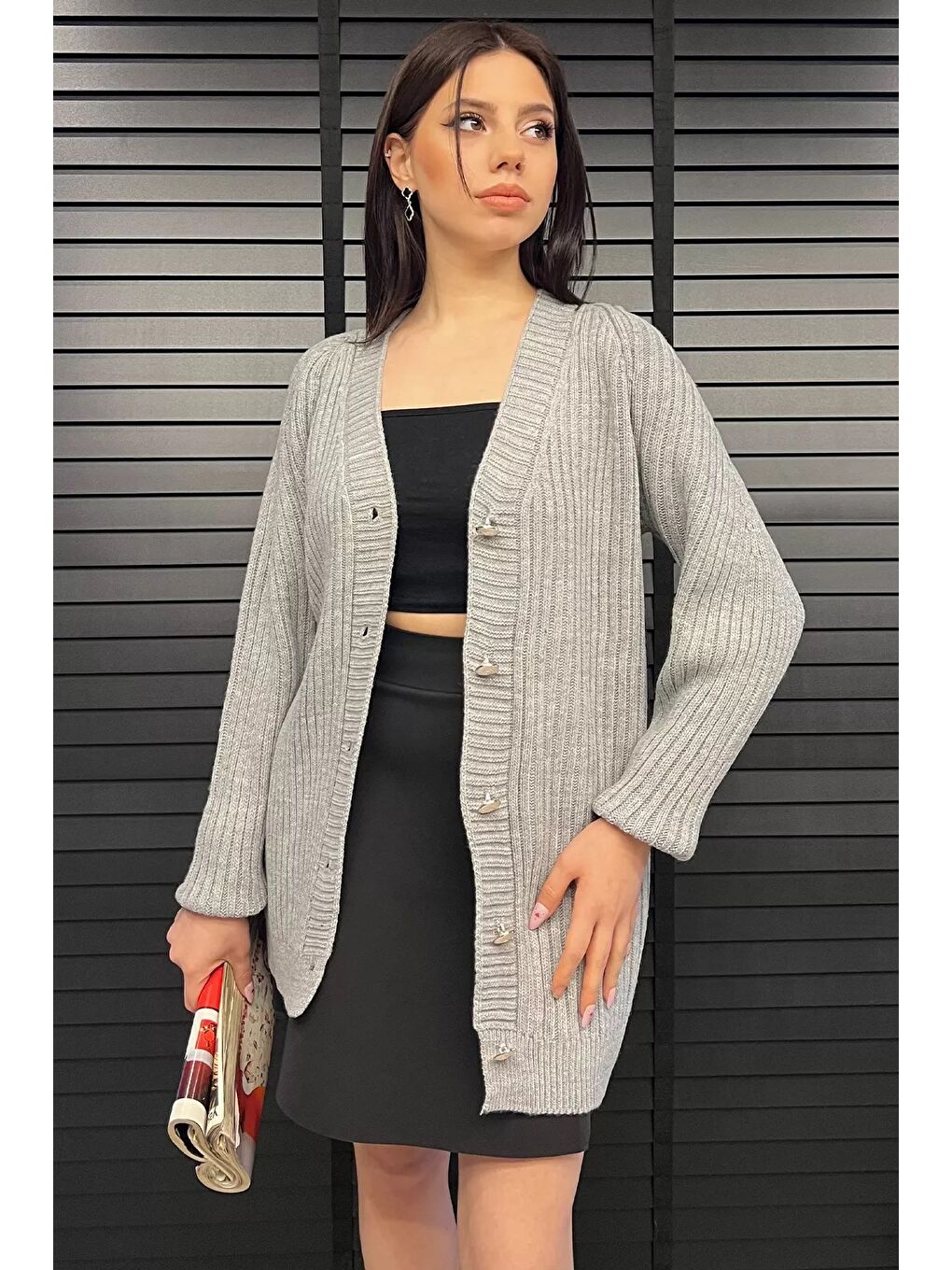 Gri Örme Kadın Triko Hırka-1