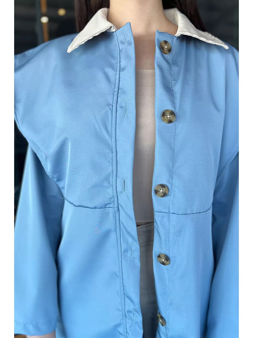 Mavi Kadın Gömlek Yaka Düğmeli Kuşaklı Trençkot-2