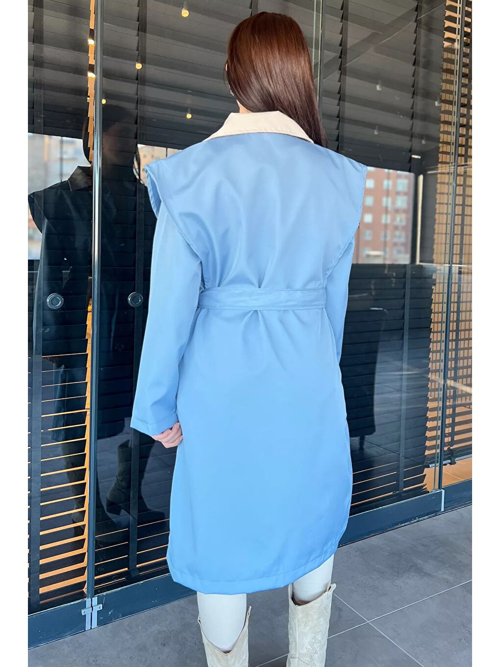 Mavi Kadın Gömlek Yaka Düğmeli Kuşaklı Trençkot-3