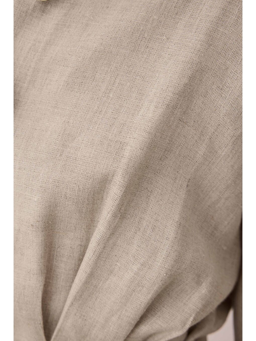 Bej Keten Uzun Pileli Elbise Sedef-1