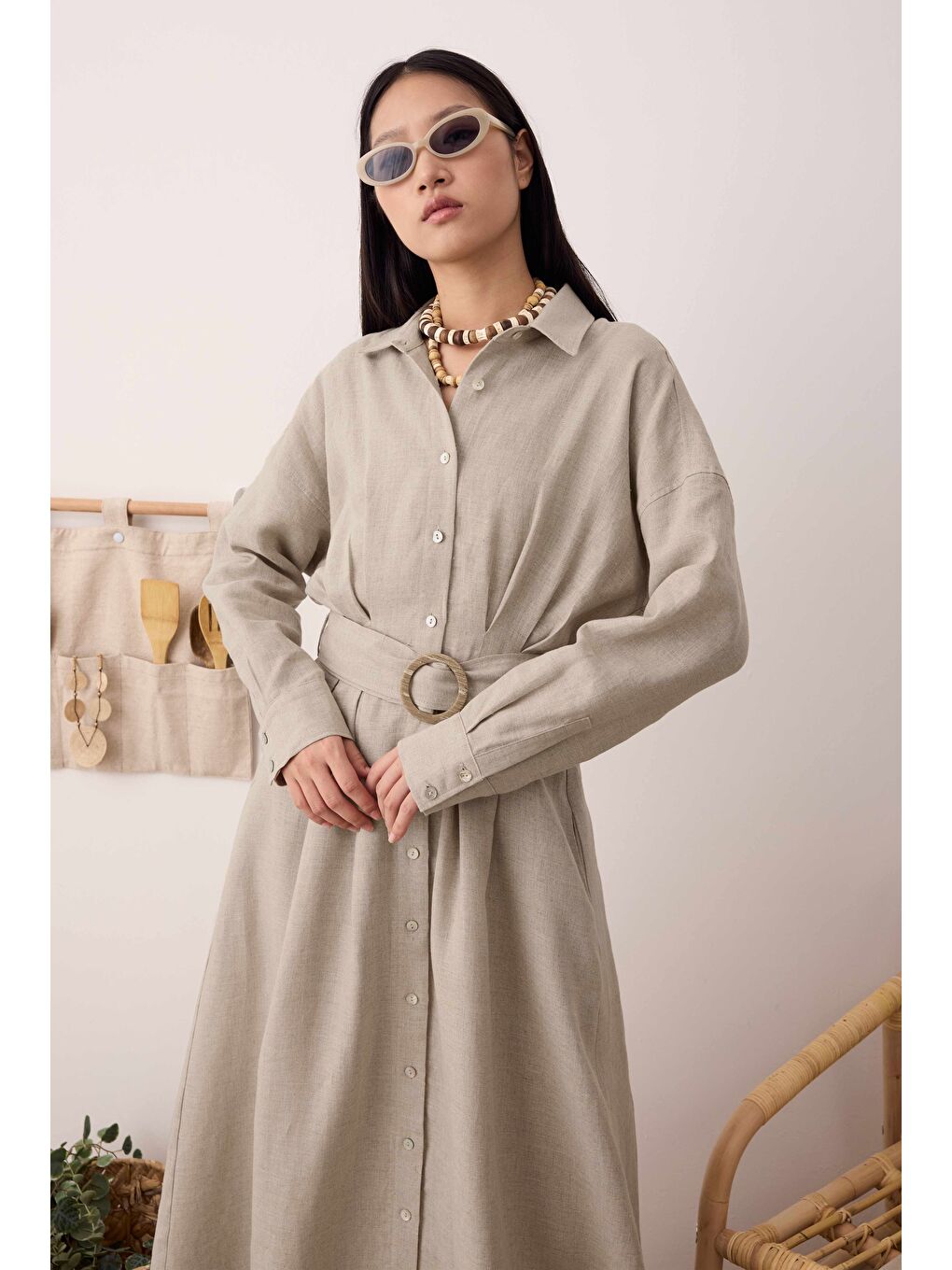 Bej Keten Uzun Pileli Elbise Sedef-2