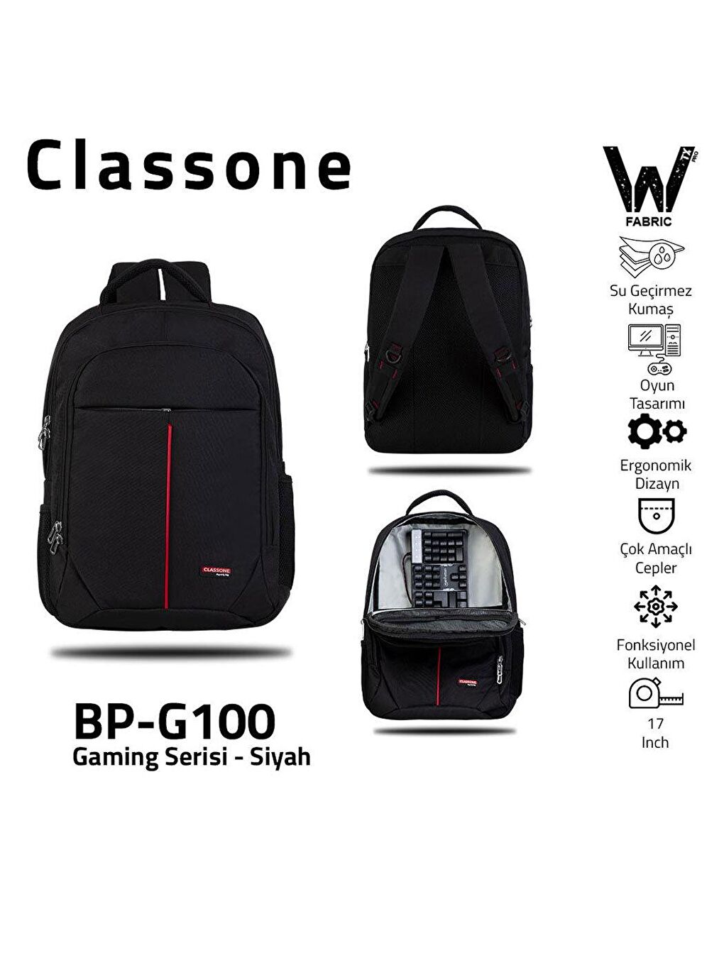 Classone Siyah Gaming Serisi XL WTXpro Su Geçirmez 17' Çanta