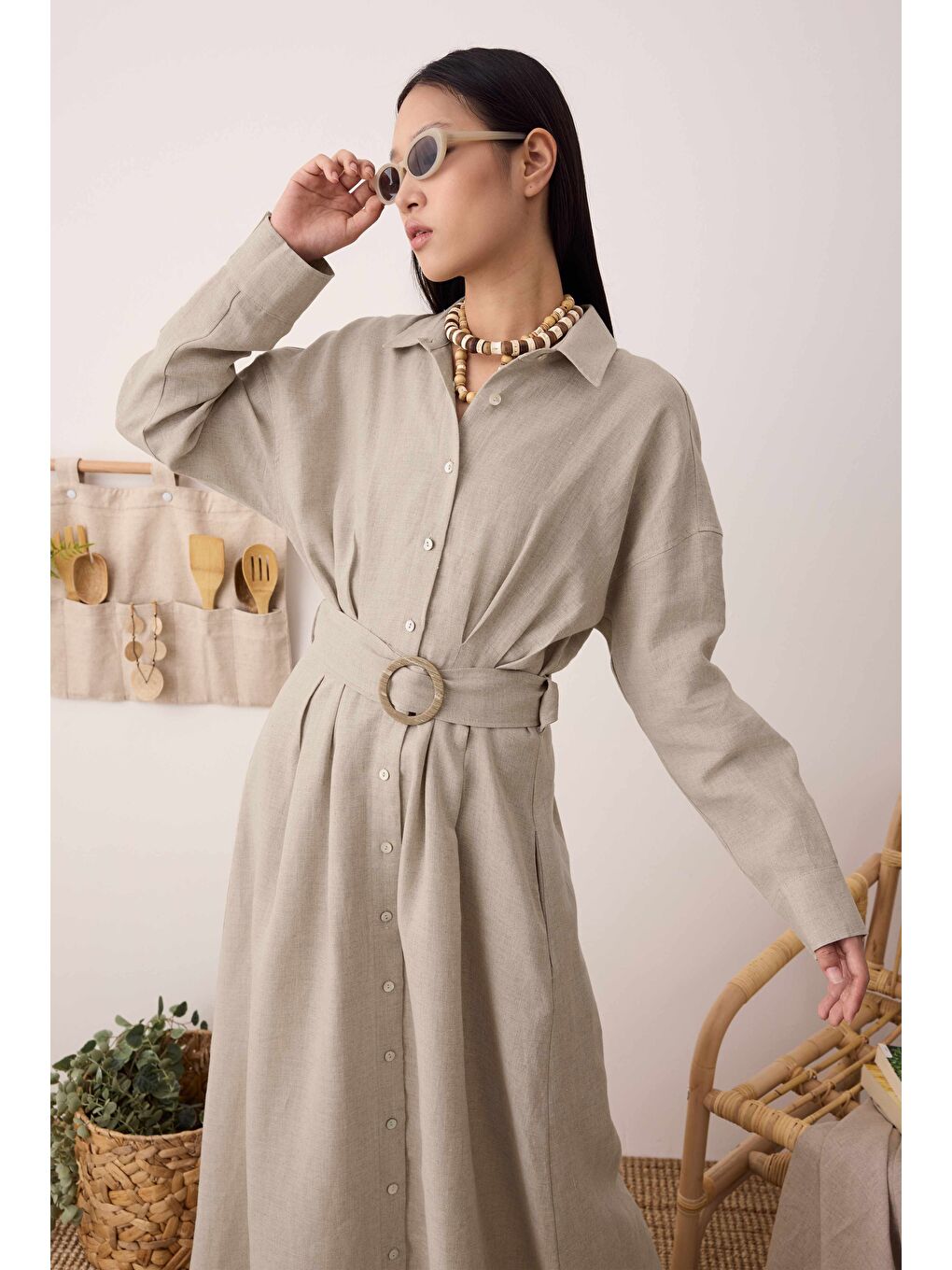 Bej Keten Uzun Pileli Elbise Sedef-4