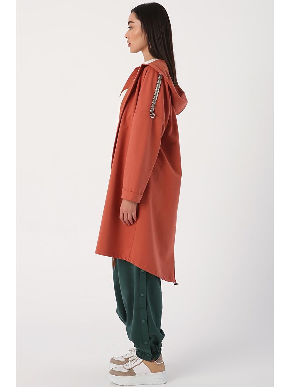 Kahverengi Tarçın Kapüşonlu Şerit Detaylı Salaş Hırka-2