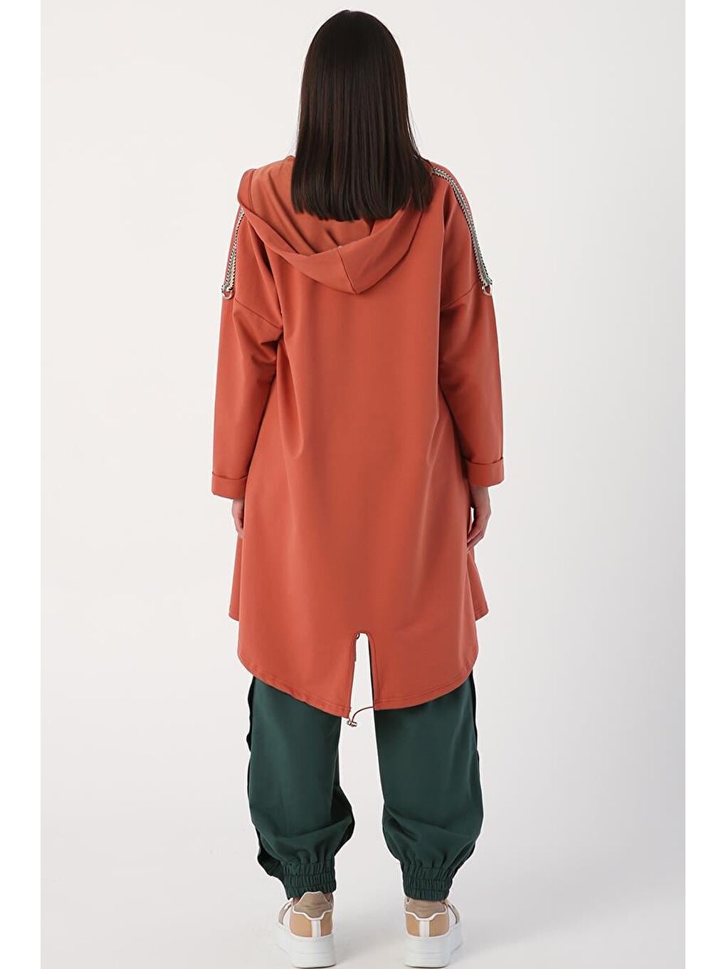 Kahverengi Tarçın Kapüşonlu Şerit Detaylı Salaş Hırka-3