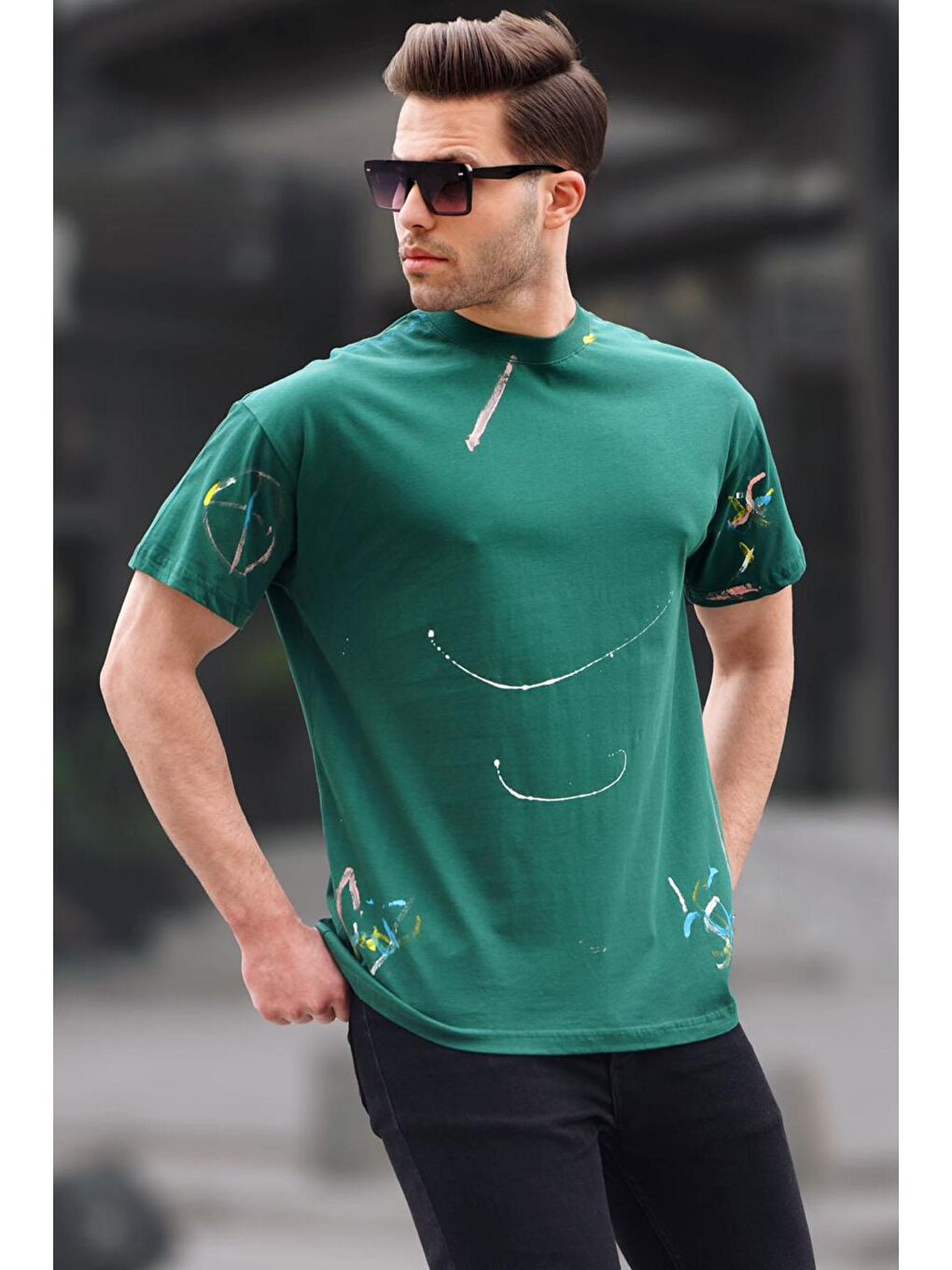 Yeşil Desenli Overfit Erkek Tişört 6122