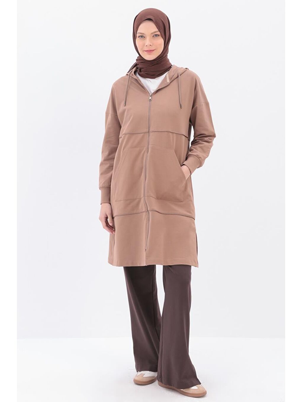 Bej Vizon Saten Ara Biyeli Fermuarlı Sweatshırt