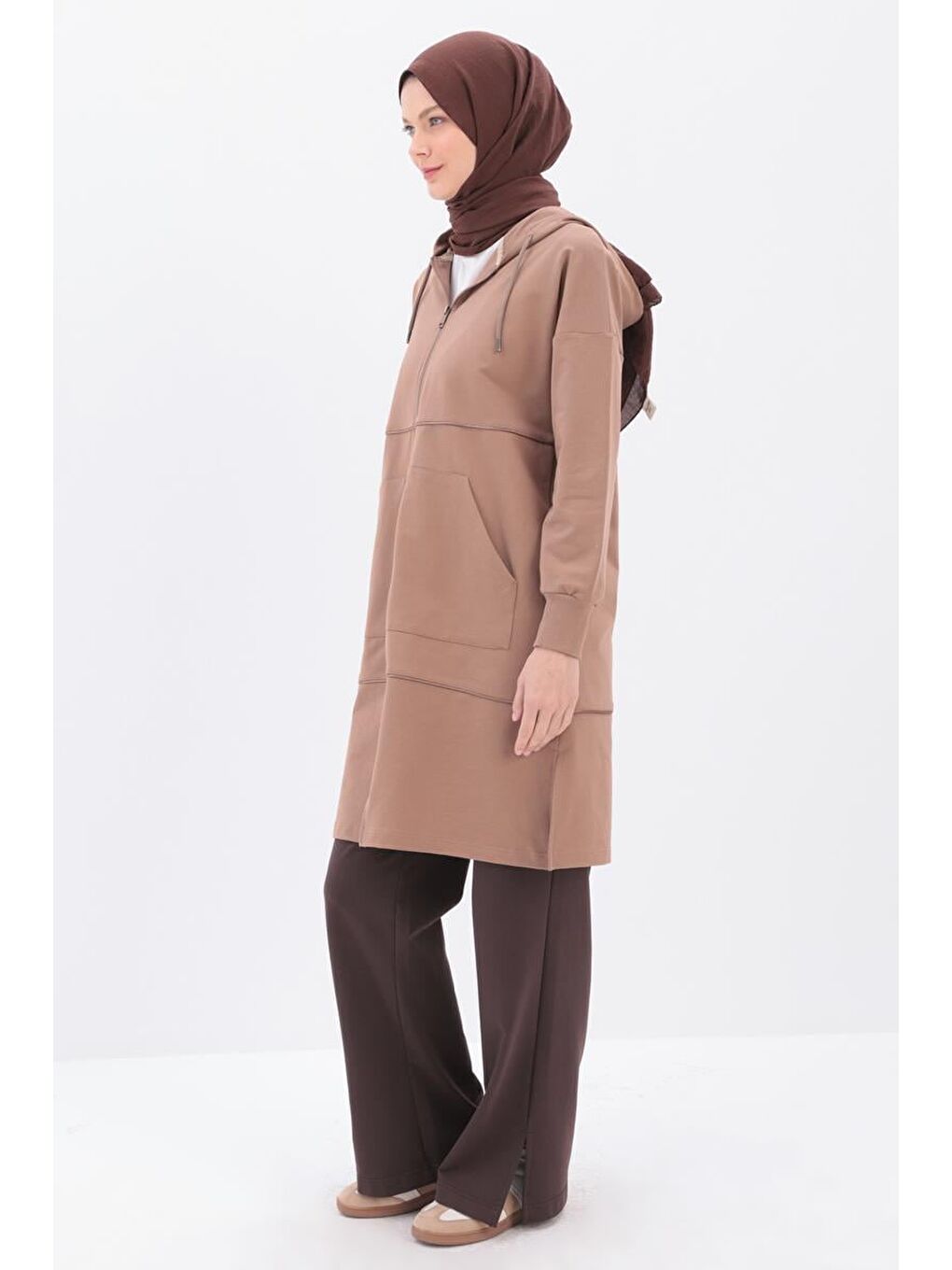 Bej Vizon Saten Ara Biyeli Fermuarlı Sweatshırt-1