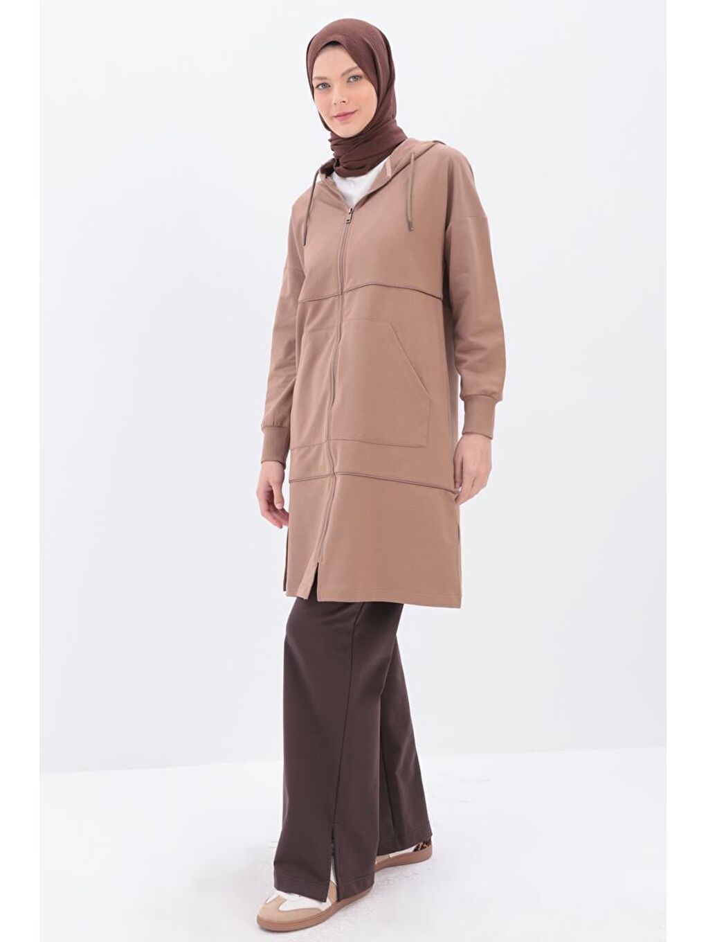 Bej Vizon Saten Ara Biyeli Fermuarlı Sweatshırt-2