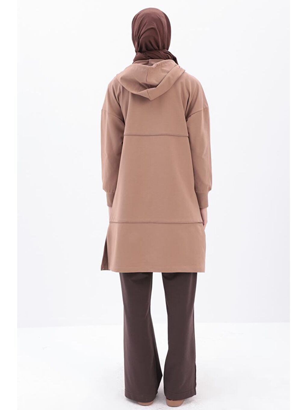 Bej Vizon Saten Ara Biyeli Fermuarlı Sweatshırt-3