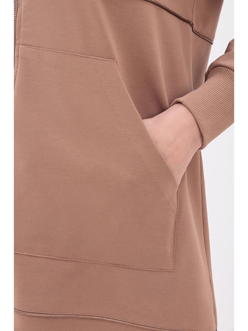 Bej Vizon Saten Ara Biyeli Fermuarlı Sweatshırt-4