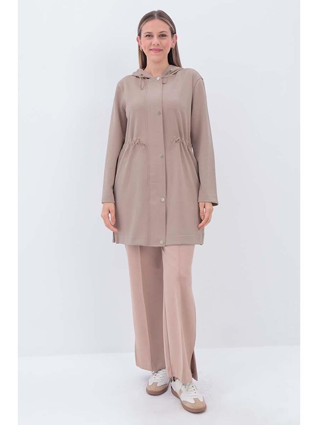 Bej Vizon Kapüşonlu Belden Kanallı Hırka-1