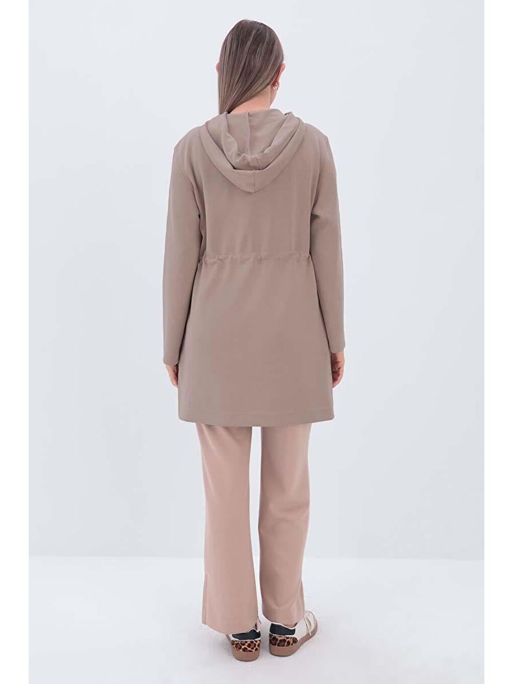 Bej Vizon Kapüşonlu Belden Kanallı Hırka-3