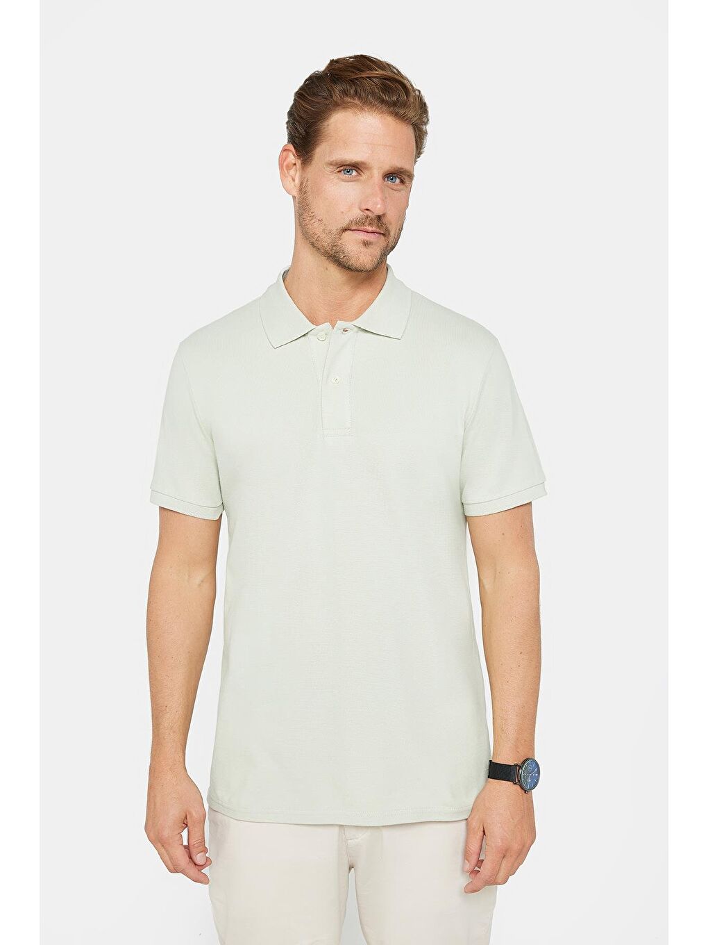 Erkek Slim Fit Dar Kesim %100 Pamuk Düz Pike Gri Polo Yaka Tişört-1